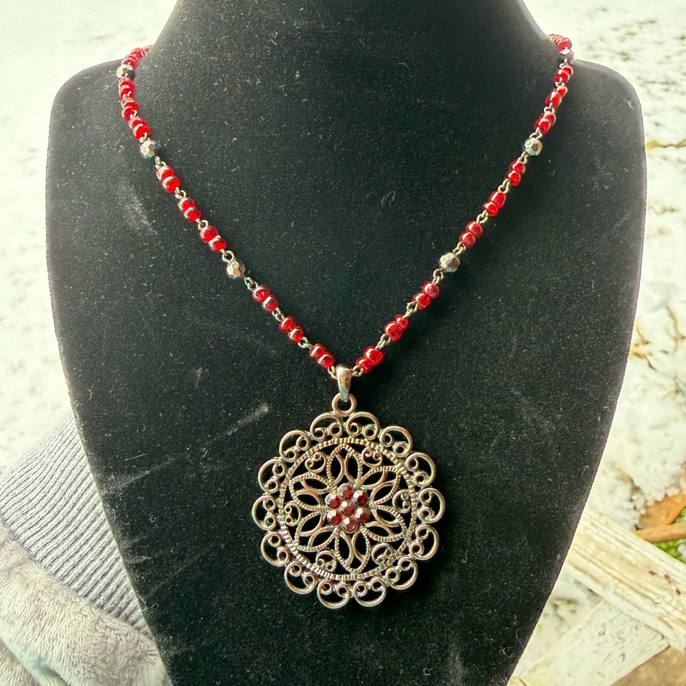 Intricate Red and Silver Filigree Necklace